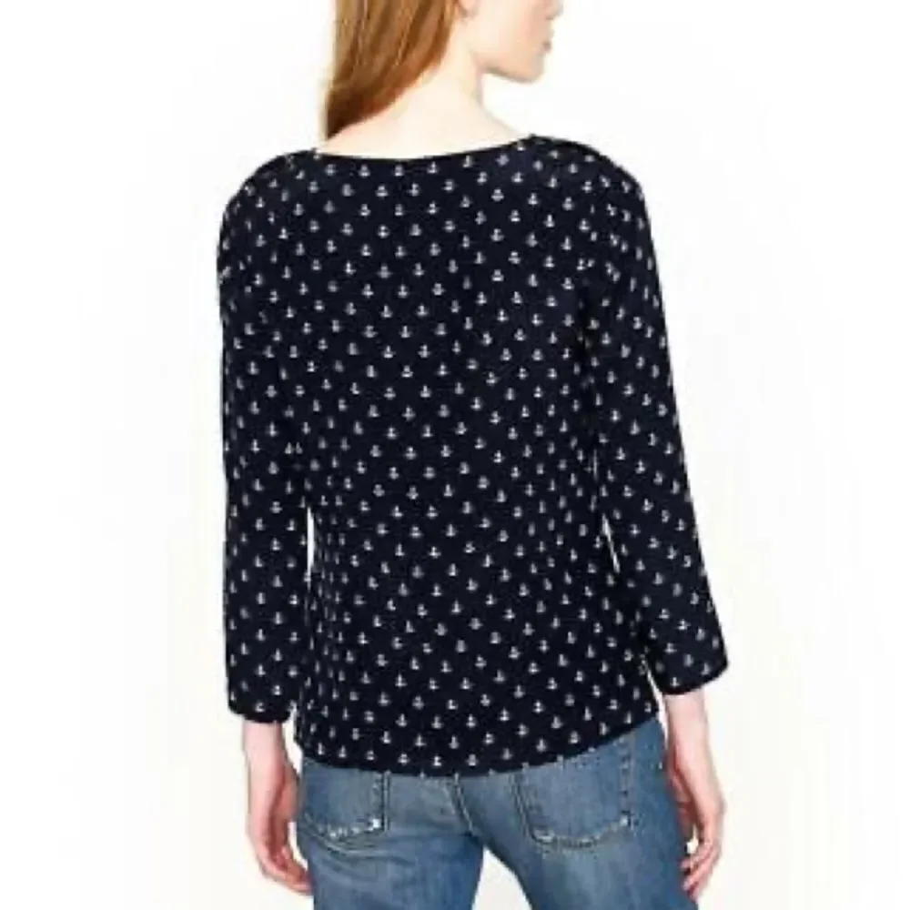 J. CREW Silk Popover Blouse Shirt With Anchor Nautical Print Navy Blue White 0